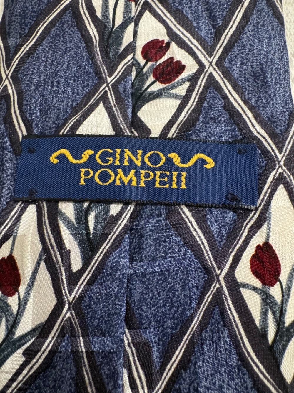 Vintage Gino Pompeii 100% Silk Art Deco Tulip Diamond Grid Necktie Classic Blue